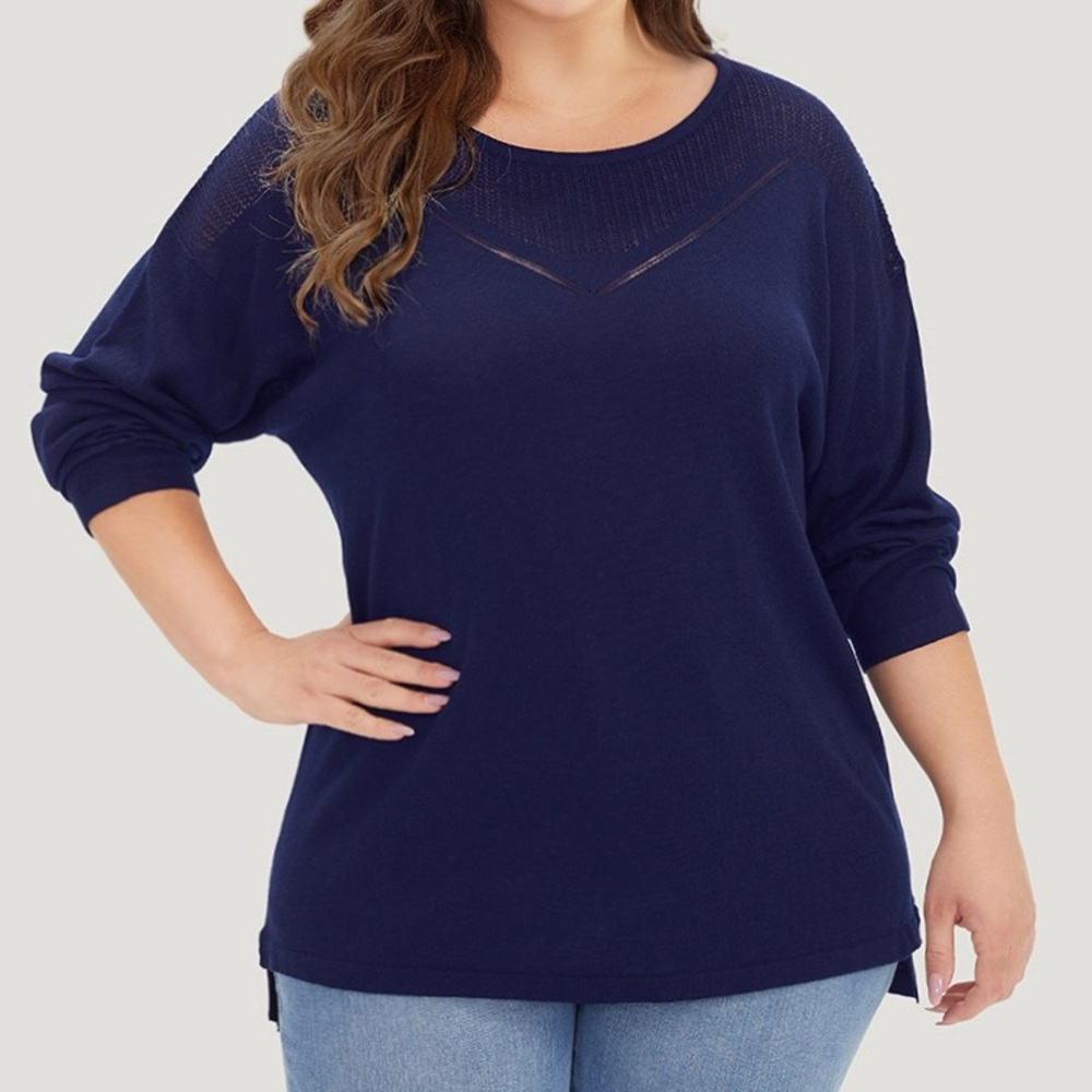 BloomChic Navy Blue Crew Neck Crochet Detail Sweater Size Large